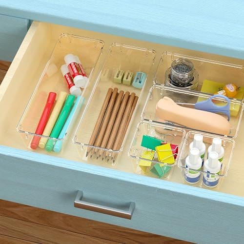 6 Pack Clear Drawer Organizer Set, Drawer Storage Trays, Storage Bins | Acrylic Drawer Storage Trays, Storage Bins for Makeup, Cosmetics, Jewelries, Utensils, Gadgets, Office thumbnail 6