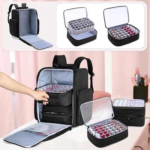 BAFASO Nail Polish Organizer Backpack Holds 105 Bottles (15ml - 0.5fl.oz) and a Nail Lamp, Nail Polish Backpack with 3 Removable Pouches and Multiple Tools Storage Pockets (Patented), Black thumbnail 2