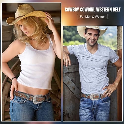 XZQTIVE Women Men Genuine Leather Belt Vintage Ladies Western Belt Engraved Tooled Leather Belt Cowboy Cowgirl Country Belt thumbnail 2