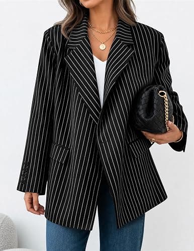 ZESICA Women's 2026 Fall Fashion Business Casual Striped Blazers | Long Sleeve, Lapel Collar, Oversized Fit Trendy, Open Front Button Down, Work Office Outfits, Going Out Coats, with Pockets thumbnail 3