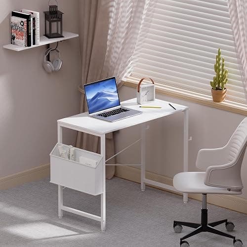 Pamray 32 Inch Computer Desk Small Spaces Desk with Storage Bag for Bedroom Writing and Home Office Work Small Study Desk Table White thumbnail 5