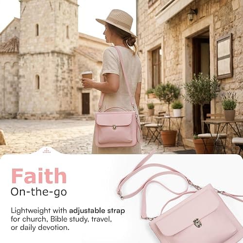 Bible Cover Case for Women - Bible Case with Shoulder Strap, Pink Bible Cover Standard Size Featuring Book Protector with Turn Lock Closure - Durable & Travel Friendly Design that Fits Most Bibles thumbnail 5