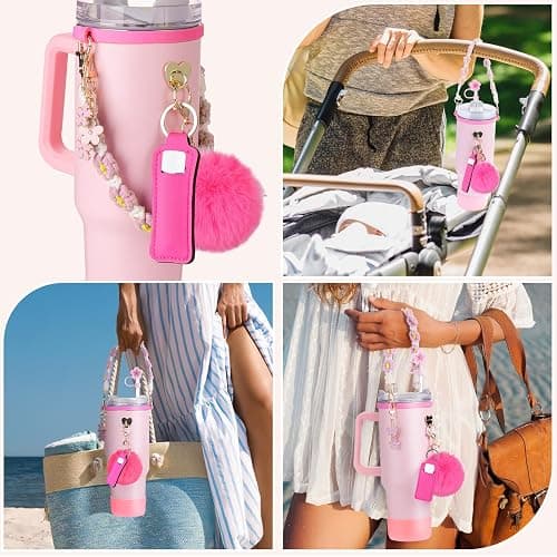 Mity rain Cup Accessories for Stanley Cup 30oz 40oz Tumbler with Handle, Including Water Bottle Handle Strap, Chapstick Holder, Boot, Keychain Charms, Straw Topper Cover Cap for Stanley (Pink) thumbnail 5
