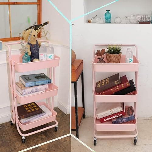 Piowio 3 Tier Utility Rolling Cart Multifunction Organizer Shelf Storage Cart with 3 Pieces Cups and 8 Pieces Hooks for Home Kitchen Bathroom Laundry Room Office Store etc. (Pink) thumbnail 5