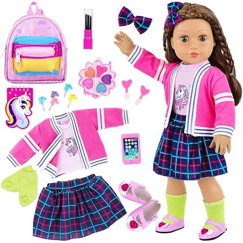 K.T. Fancy 18 Inch Doll British Style Fashion Set 14 PCS Clothes & Accessory Collection with School Bag, Unicorn Stationery,Makeup Tools for 18" Dolls - Image 1