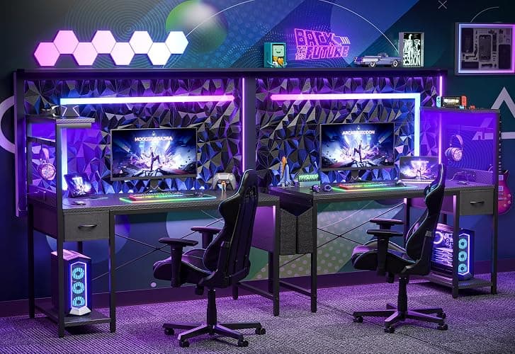 TIQLAB Gaming Desk 47 inch with Power Outlet and LED Light, Computer Desk with Reversible Shelves and Storage Drawer, Small PC Desk for Home Office Table with Bag, Carbon Fiber Black thumbnail 6