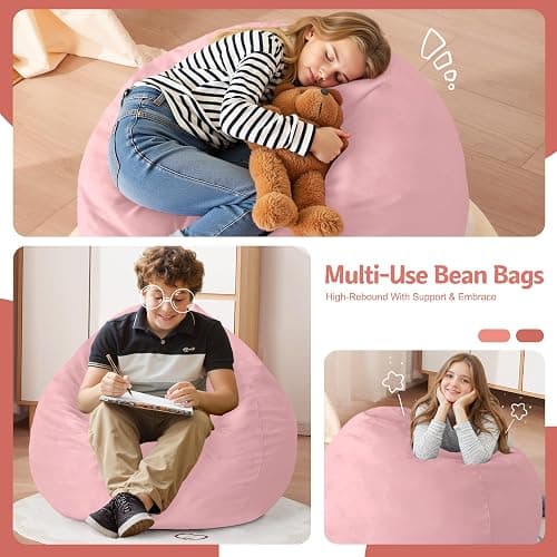 Homguava Bean Bag Chair: Bean Bags with Memory Foam Filled,Comfy Beanbag Chairs Round Bean Bag Sofa with Dutch Velvet Cover-2FT-28 x28 x22,Light Pink thumbnail 3