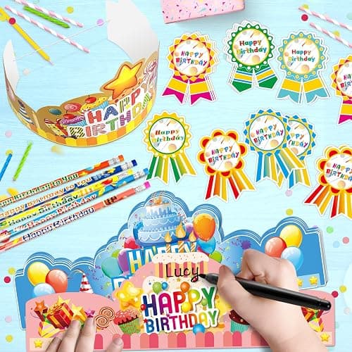 LACCHOUFEE 120 Pieces Happy Birthday Kits for Kids Classroom - Include Adjustable Happy Birthday Hats, Colored Silicone Stretches, Badge Stickers and Pencils, School Kindergarten Party Supplies thumbnail 2