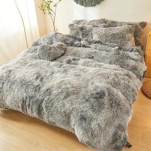 Besfunny Plush Fluffy Tie Dye Dark Gray Comforter Cover Queen Set – Faux Fur Plush Tie Dye Dark Gray Bedding 3-Piece Set (1 Duvet Cover + 2 Furry Pillow Shams) Cozy Bed Set thumbnail 3