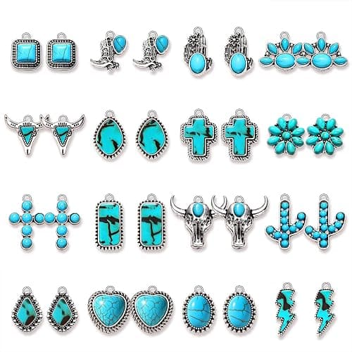 NVENF 32PCS Western Charms for Jewelry Making, Synthetic Turquoise Vintage Cactus Heart Flower Lightning Cowboy Boot Pendant for Bracelet Necklace Earring DIY Crafts - Image 1