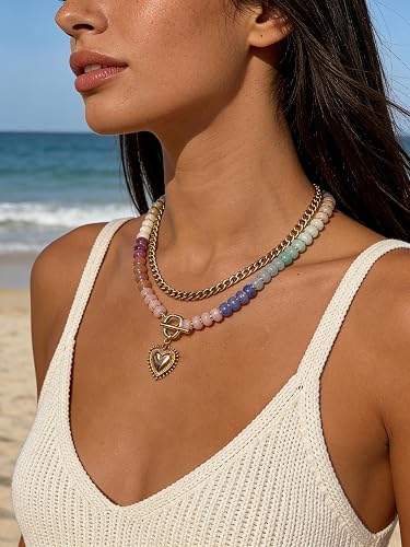 ALFISO Layered Necklaces for Women, Colorful Acrylic Beads & Heart Pendant | Colorful Boho Layered Necklace for Women Who Love Statement Style, for Vacations, Festivals and Casual Outfits thumbnail 2