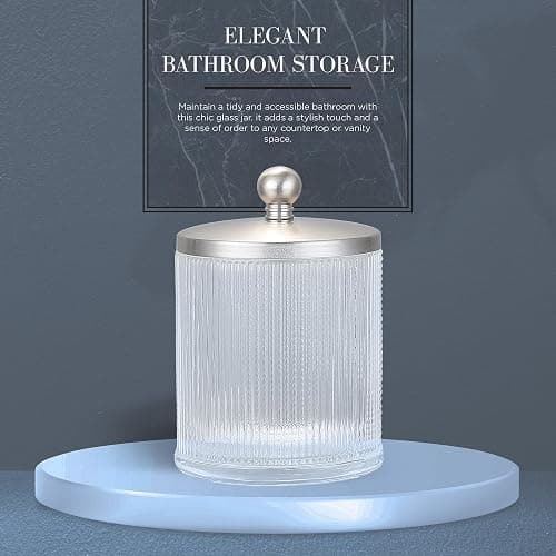 Indecor Home Glass Jar with Metal Lid for Bathroom Organization, Clear Apothecary Jar for Cotton Balls, Q-Tips, and Small Accessories, Stylish Bathroom Storage Container - Nickel/Clear - Nickel/Clear thumbnail 7
