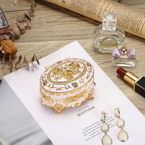 Hipiwe Vintage Metal Jewelry Box - Oval Trinket Organizer Ring Box Case with Rose Pattern Jewelry Storage Box for Ring Earrings Necklace, Gift for Women thumbnail 6