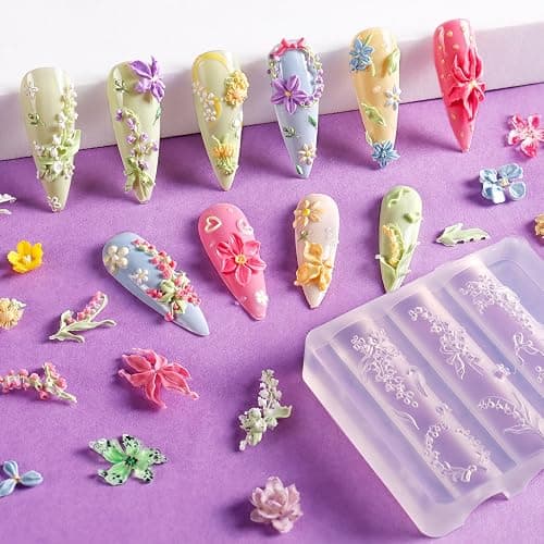Laza 4pcs 3D Silicone Nail Art Molds Multiple Flower Shapes Nail Molds | Reusable Nail Molds for Nail Art, Good Elasticity, Acrylic 3D Spring Summer Flower Nail Charms Molds with Scraper & Pen thumbnail 4