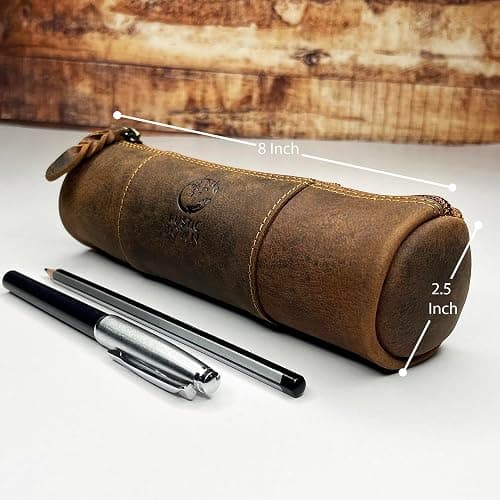 Rustic Town Leather Pencil Case - Full Grain Leather Zippered Pen Pouch - Stationery Bag Pen Holder for Work & Office thumbnail 3