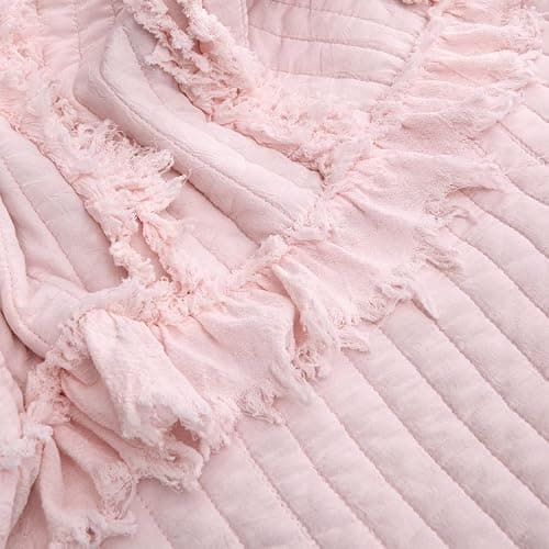 Ultra Soft Pre-Washed Quilted Throw Blanket, Ruffle Fringed Pink Boho Decorative Throw, Stone Washed Chic Rustic Blanket for Sofa Couch Bed Chair, 50"x 60" thumbnail 4