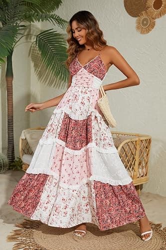 Women Floral Maxi Dress Spaghetti Straps V Neck Lace Patchwork Flowy Tiered Boho Beach Sundress Long Dresses thumbnail 4