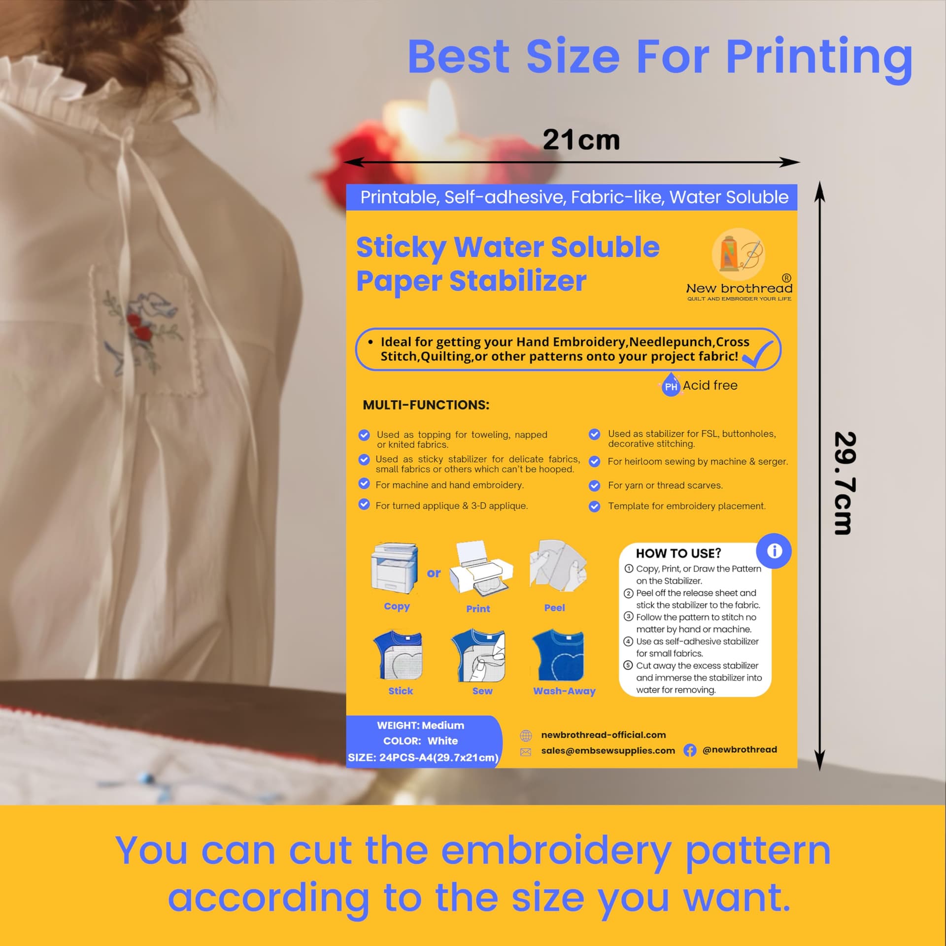 New brothread 24PCS A4 Sticky Water Soluble Embroidery Stabilizer Printable Paper Stabilizer - Medium Weight - Allowed for Print or Draw Patterns Best for Hand & Machine Embroidery - A4x24PCS thumbnail 2