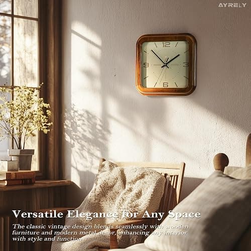 AYRELY® Rectangular Wooden Wall Clock – 12.8" W x 11.6" H (16" Diagonal) Vintage Elm Wood Frame, Metal Dial – Battery Operated Decorative Clock for Living Room, Kitchen, Office thumbnail 4