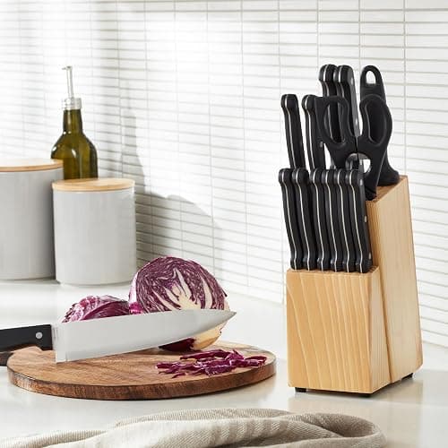 Amazon Basics 14-Piece High Carbon Stainless Steel Kitchen Knife Set with Sharpener and Pinewood Block, Black thumbnail 2