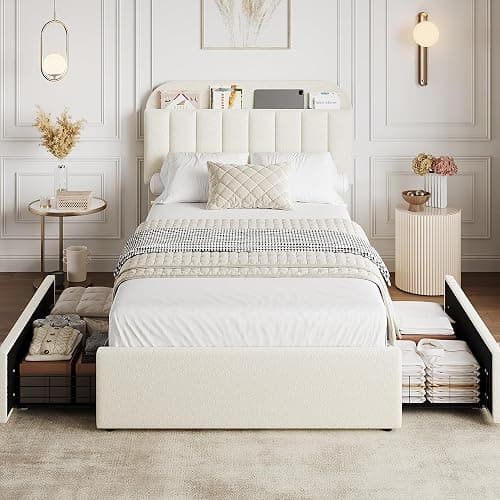 GAOMON Twin XL Bed Frame with Storage Headboard & 2 Drawers, Beige | Boucle Kids Bed, Upholstered Platform Bed, Bookcase, No Box Spring Needed, Noise Free, Easy Assembly - Image 1