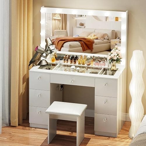 VOWNER Vanity with Lighted Mirror - Makeup Vanity Desk with Glass Top, 7 Drawers and Power Outlet, 3 Color Lighting Modes Adjustable Brightness, 44" Vanity Table with Stool for Women Girls, White thumbnail 7