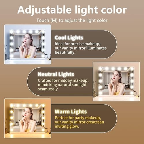NUSVAN Vanity Mirror with Lights Lighted Makeup Mirror with Dimmable LED Bulbs,3 Color Lighting Modes,USB Charging Port Touch Control,Sturdy Metal Frame Design,White (50x40cm, 4.70) thumbnail 4
