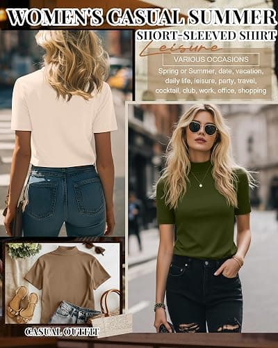 Ficerd 3 Pack Women's Mock Neck Shirts Short Sleeve Tops | Ladies Turtleneck Business T-Shirts, Slim Fit Tees, Dressy Basic Pullovers, Stretch Casual Outfits, Summer Fall Clothes 2026 thumbnail 5