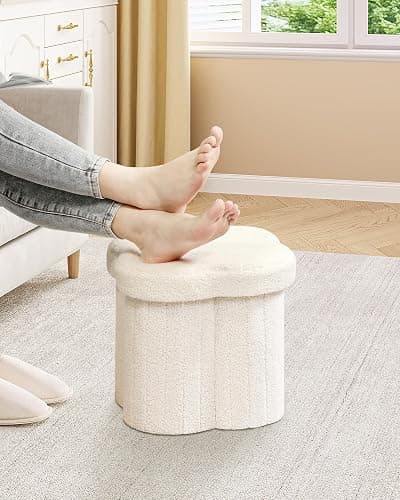 B FSOBEIIALEO Ottoman Cube Storage, Flowers Shaped Ottoman with Storage Teddy Ottomans Foot Stool Footrest for Lving Room, Boucle Stool Ottoman Seat for Dorm Room, White 12.6"x12.6"x12.6" thumbnail 4