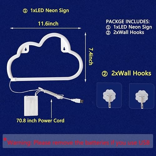 Cloud Neon Signs, LED Light for Wall Decor, Battery or USB Powered Sign Shaped Decoration Lights Bedroom Aesthetic Teen Girl Kid Room Christmas Birthday Wedding Party White thumbnail 3