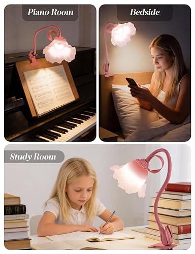 Flower Clip On Desk Lamp for Home and Dorm - Cute Floral Clip On Bedside Book Reading Light, Pink Flower Bunk Bed Lighting, Kawaii Led Flexible Gooseneck Table Lamp for Headboard with Clamp thumbnail 6