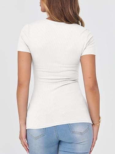 ANRABESS Women Short Sleeve Crewneck Ribbed Knit Slim Fitted Shirts Summer Tops Basic Tee Casual 2025 Fall Outfits Clothes thumbnail 6