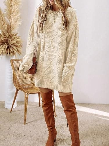 Women's Cable Knit Sweater Dress Long Sleeve Loose Crew Neck Pullover Tunic Mini Sweater Dress Fall Winter Outfits thumbnail 4