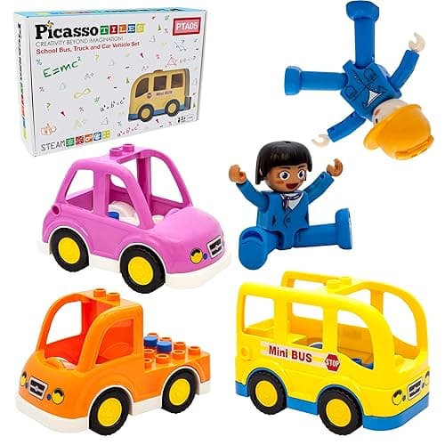 PicassoTiles Magnetic Figures 5 Piece Vehicle and Action Figure Set Including School Bus, Car, Truck and 2 Drivers Magnet Expansion Pack Toddler Toy Kit Pretend Playset for Construction Building Block - Vehicle