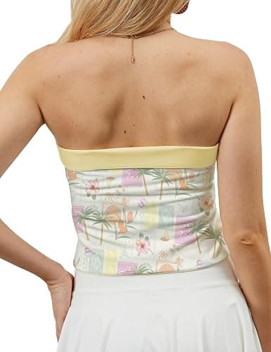TERIVEEK Women Strapless Reversible Foldover Tube Top Y2K Floral Print Graphic Crop Bandeau Tops Sleeveless Slim Fit Shirt thumbnail 2