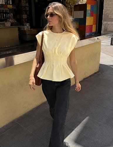 Yegthou Women's Peplum Tops Short Sleeve Summer Blouses T-Shirts Dressy Casual Crew Neck Pleated Babydoll Top for Work thumbnail 5