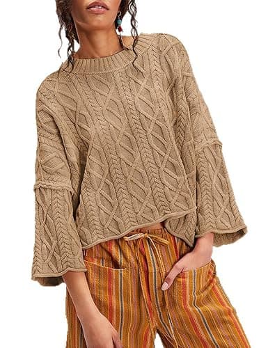 Zontroldy Women's Crewneck Lantern Sleeve Boxy Cable Knit Sweater Cropped Pullover Sweaters Jumper thumbnail 2
