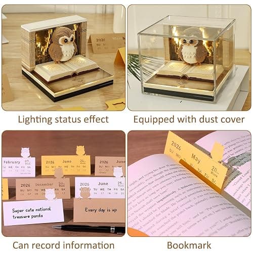 Time Piece Calendar 2026, 3D Calendar 2026 Desk, Tear-Away 3D Memo Pad, Weekly Calendar, Magic Book and Cute Owl Paper Carving Art Notepad with LED Lights for Thanksgiving Christmas Desktop Decor Gift thumbnail 7