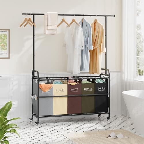 Tajsoon Laundry Sorter Cart with Hanging Rack, 5 Section Laundry Hamper, 246L (65 Gal.) Laundry Basket with Wheels, Removable Hamper Organizer for Dirty Clothes Bathroom Cloakroom, 5 Colors thumbnail 2