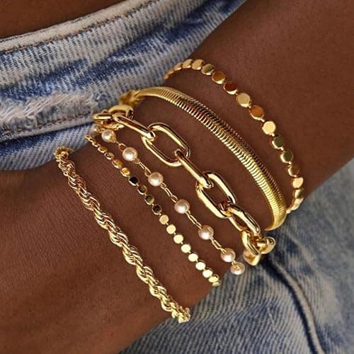 16 PCS Gold Bracelets for Women, Dainty Bracelets Set for Women Trendy, Gold Stackable Cuban Link Paperclip Chain Bracelet Pack Jewelry Gifts for Women thumbnail 5