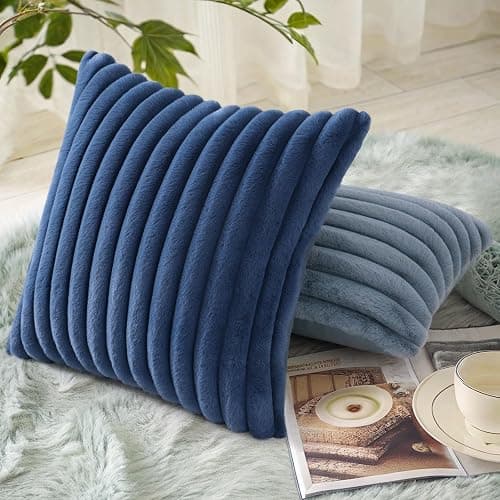 decorUhome Faux Fur Christmas Throw Pillow Covers 18x18 Set of 2, Decorative Soft Plush Striped Neutral Couch Euro Pillow Covers with Velvet Back for Sofa, Bed, Living Room Home Decor, Blue thumbnail 2