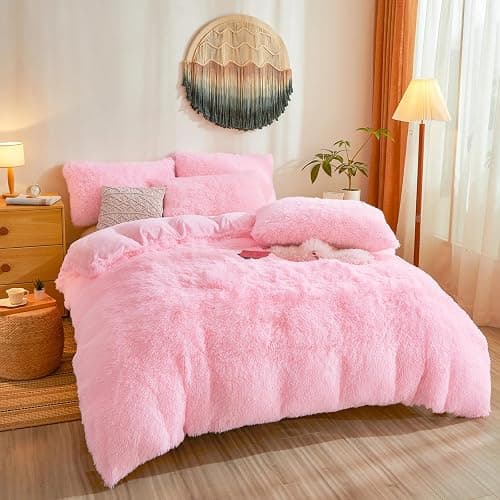 Besfunny Fluffy Pink Comforter Cover Queen Set – Plush Faux Fur Pink Bedding 3-Piece Set (1 Faux Fur Duvet Cover + 2 Furry Pillow Shams) Cozy Fluffy Bed Set thumbnail 2