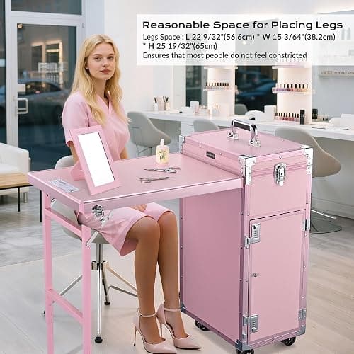 BYOOTIQUE Pink Rolling Manicure Table with Storage Protable Nail Station Kit with Makeup Train Case Cosmetic Organizer for Beauty Salon Barbershop Manicurist thumbnail 3