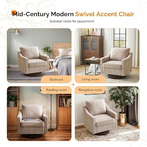 Bonnlo 360° Swivel Armchair, Comfy Accent Chair, Thick Cushion Tub Chair | Mid-Century Armchair with Pillow & Walnut Base, Comfortable Armchair for Living Room, Apartment, Office, Khaki thumbnail 8