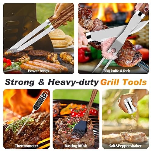 ROMANTICIST 26pcs Stainless Steel Grill Tool Set, Heavy Duty BBQ Grilling Accessories Gifts for Men Dad, Non-Slip Grill Utensils Kit with Apron, Thermometer, Mats in Aluminum Case for Christmas Brown thumbnail 4