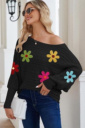 Cakulo Womens Off Shoulder Sweater Top Fall Outfits Fashion 2025 Oversized Knit Batwing Long Sleeve Crochet Flower Sweaters thumbnail 7