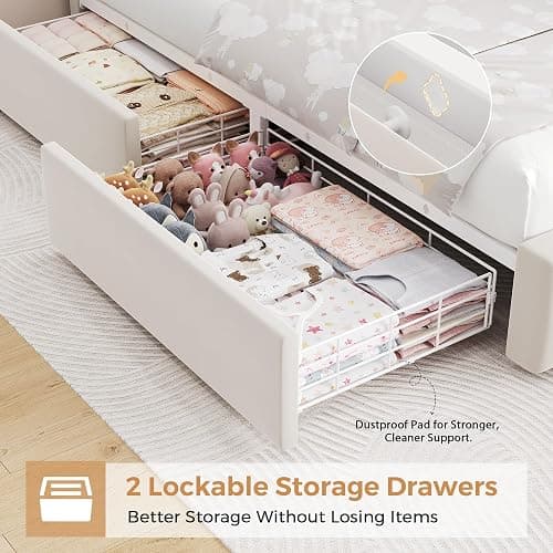 Twin Bed Frame with Storage Drawers and LED Lights, Velvet Upholstered Platform Bed with Diamond Headboard and Charging Station for Kids/Girls, Solid Wood Slats Support, No Box Spring Needed, Beige thumbnail 6