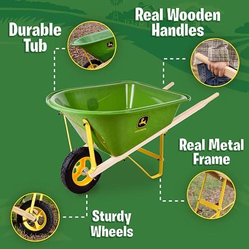 John Deere Deluxe 34" Wheelbarrow and Garden Set Includes 5 Realistic Gardening Tools,Gardening Apron, Gardening Gloves, Large Metal Wheelbarrow with Wooden Handles, Outdoor Toy Ages 5+ thumbnail 3
