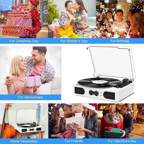 VinylsLink Vinyl Record Player with Built-in Stereo Speakers and Bass Adjust, Portable Vintage 3-Speed Belt-Driven, Bluetooth Input, RCA Line Out AUX in Headphone Jack, White Wood thumbnail 7