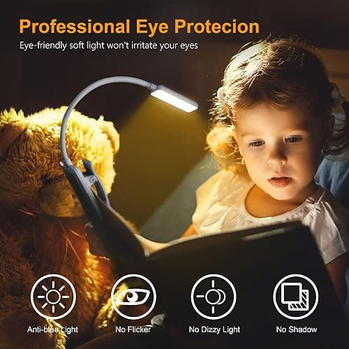 Gritin 9 LED Rechargeable Book Light for Reading in Bed -Eye Caring 3 Color Temperatures,Stepless Dimming Brightness,80 Hrs Runtime Small Lightweight Clip On Book Reading Light for Studying-White thumbnail 2
